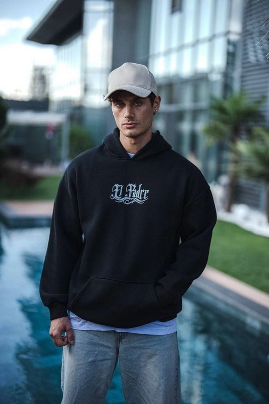 Erkek Üç İplik Penye Kapşonlu Baskılı SweatShirt - Siyah