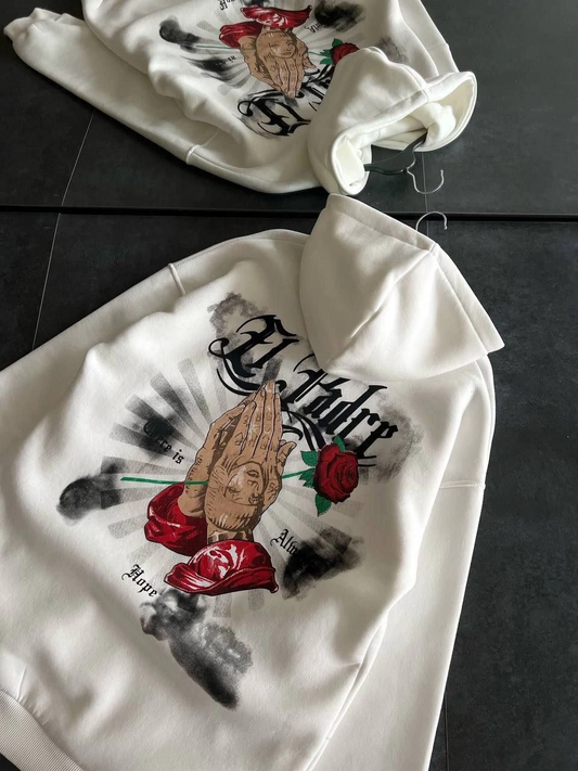 Kadın Üç İplik Penye Uzun Kol Kapüşonlu Baskılı SweatShirt - Beyaz