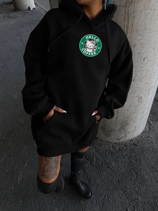 Kadın Üç İplik Pamuklu Kapüşonlu SweatShirt - Siyah