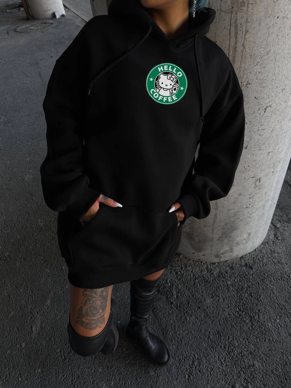 Kadın Üç İplik Pamuklu Kapüşonlu SweatShirt - Siyah
