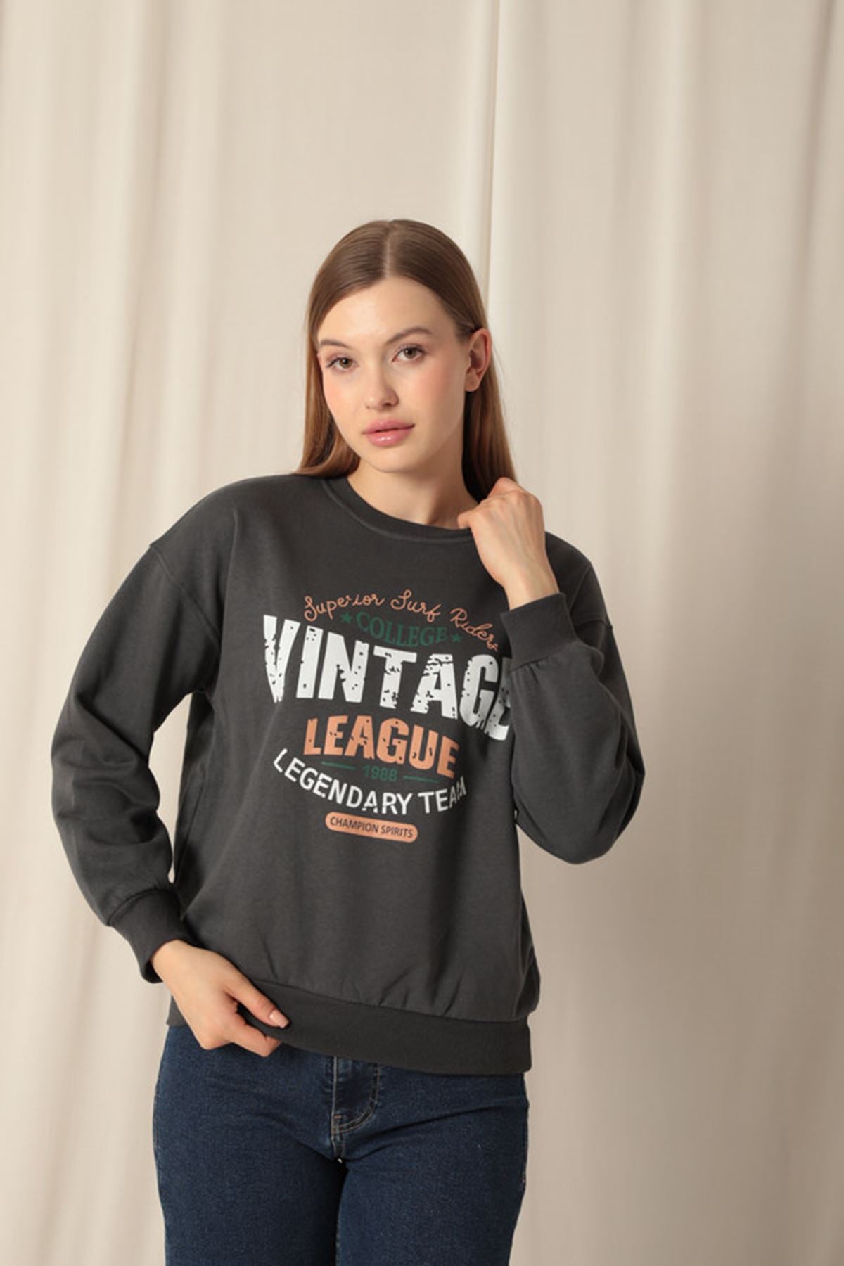 Üç İplik Vintage Baskılı Kadın Antrasit Sweat