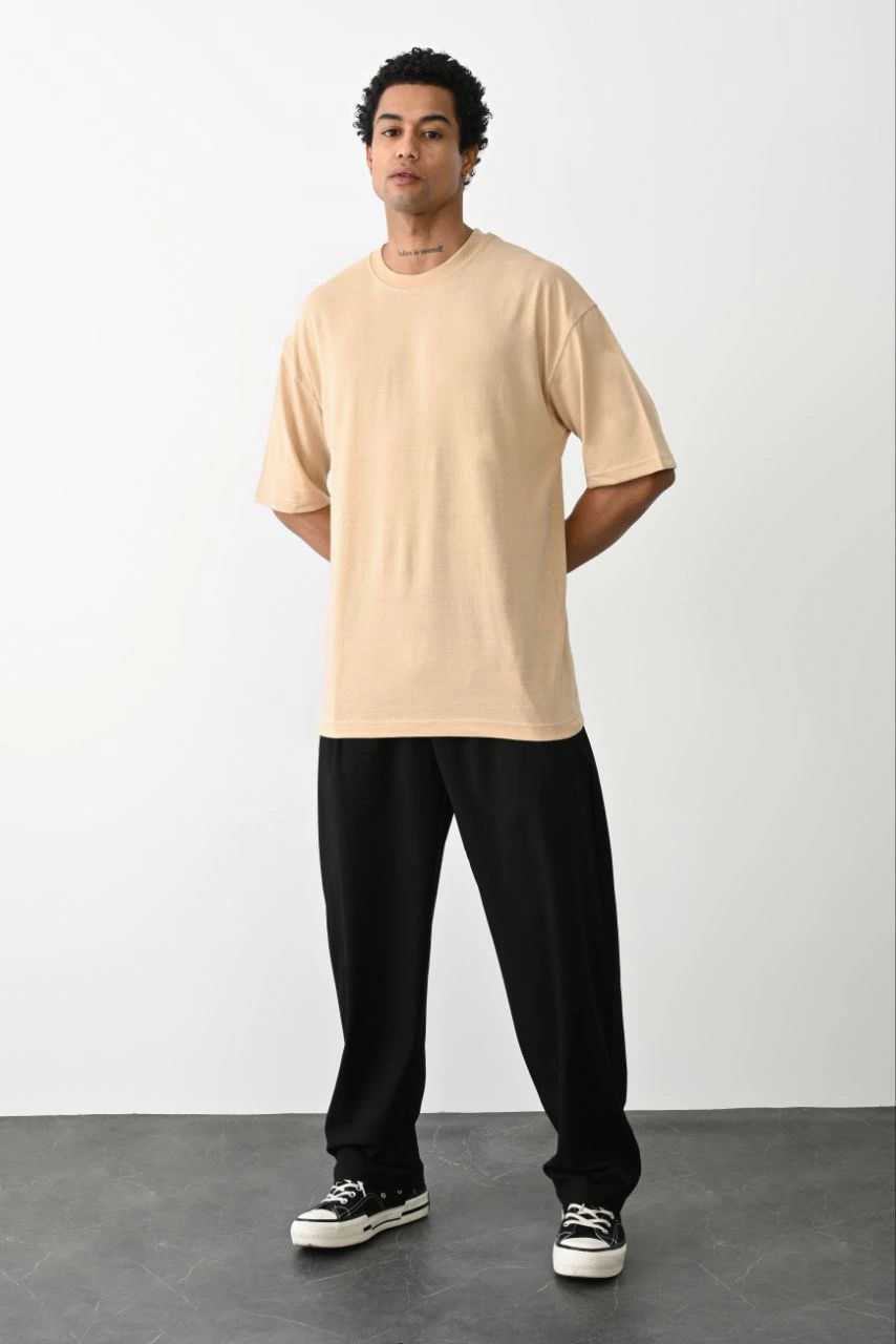 Erkek Düz Basic Bisiklet Yaka Kısa kol T-Shirt - Bej