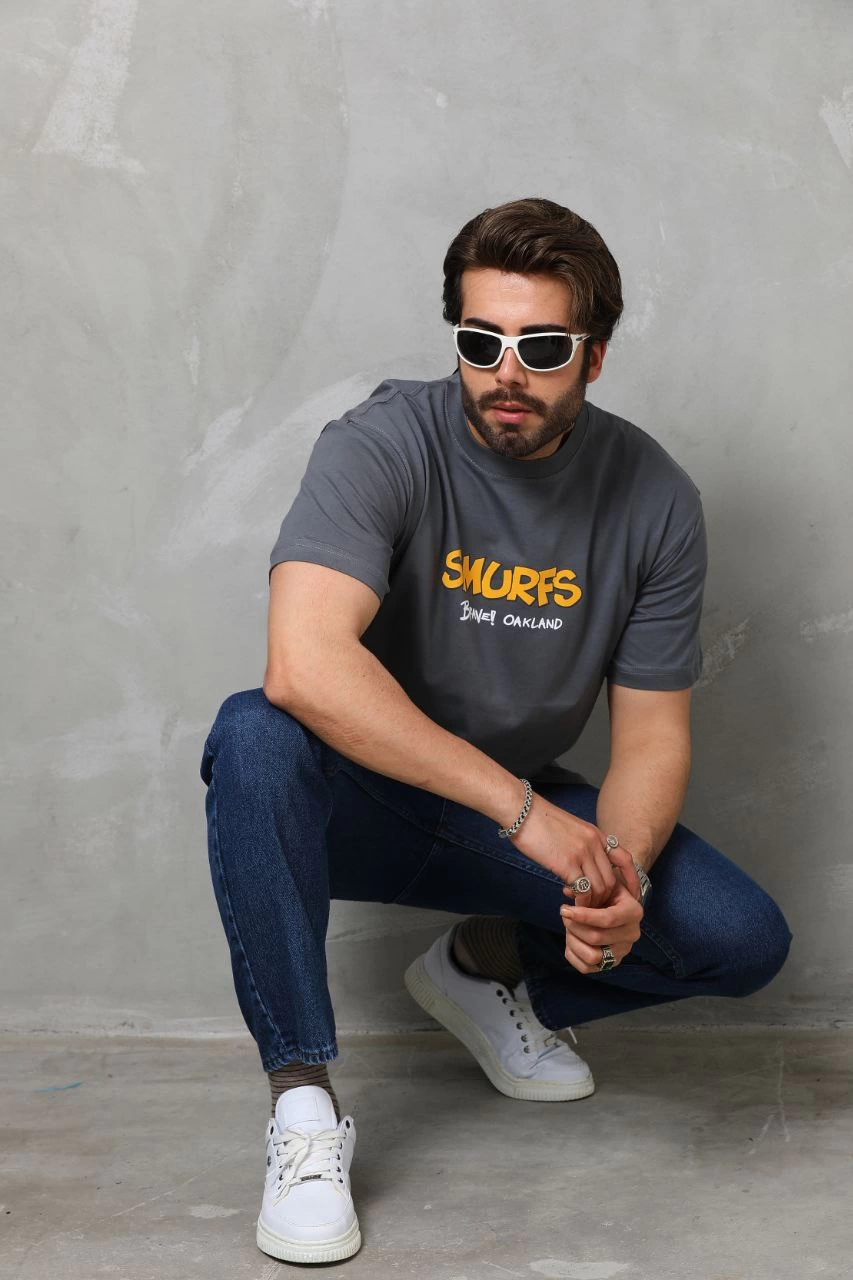 Erkek  Basic Bisiklet Yaka  T-Shirt - Füme