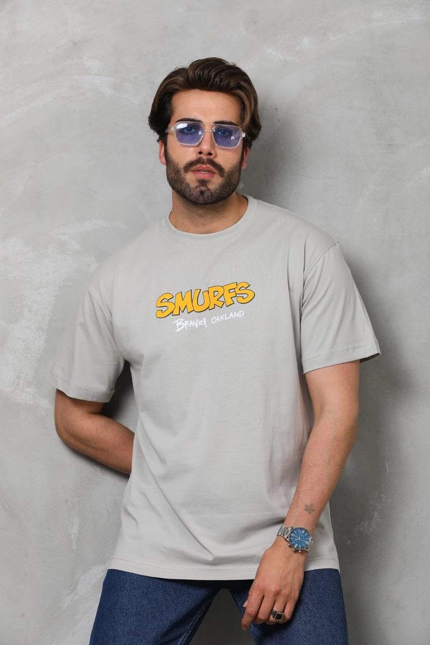 Erkek  Basic Bisiklet Yaka Oversize T-Shirt - Gri