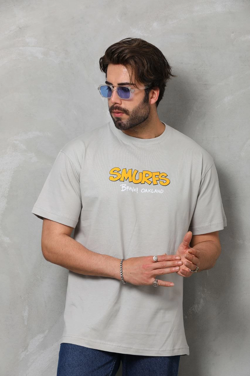 Erkek  Basic Bisiklet Yaka Oversize T-Shirt - Gri