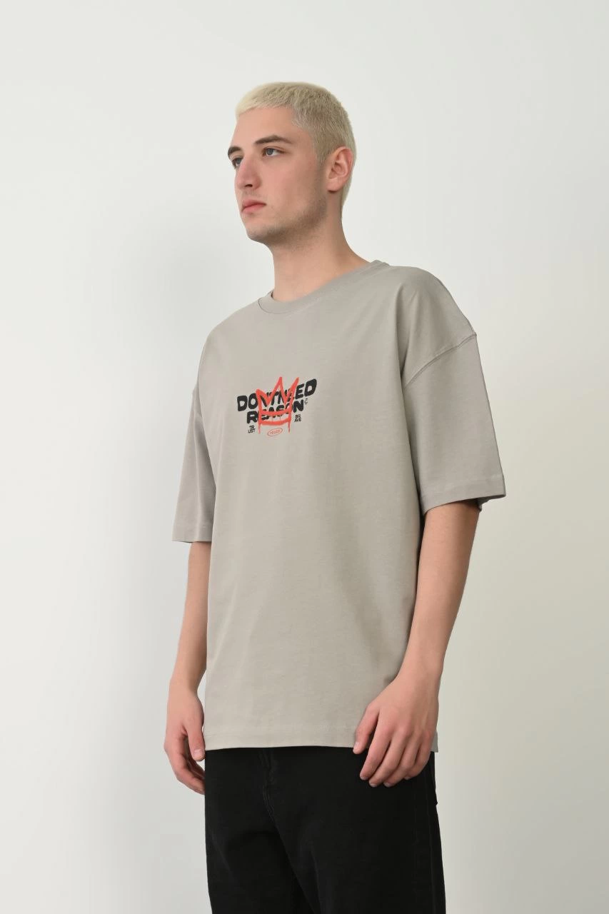Erkek Baskılı T-Shirt Kısa Kol Bisiklet Yaka Rahat Kalıp Tişört  - Boyalı Gri