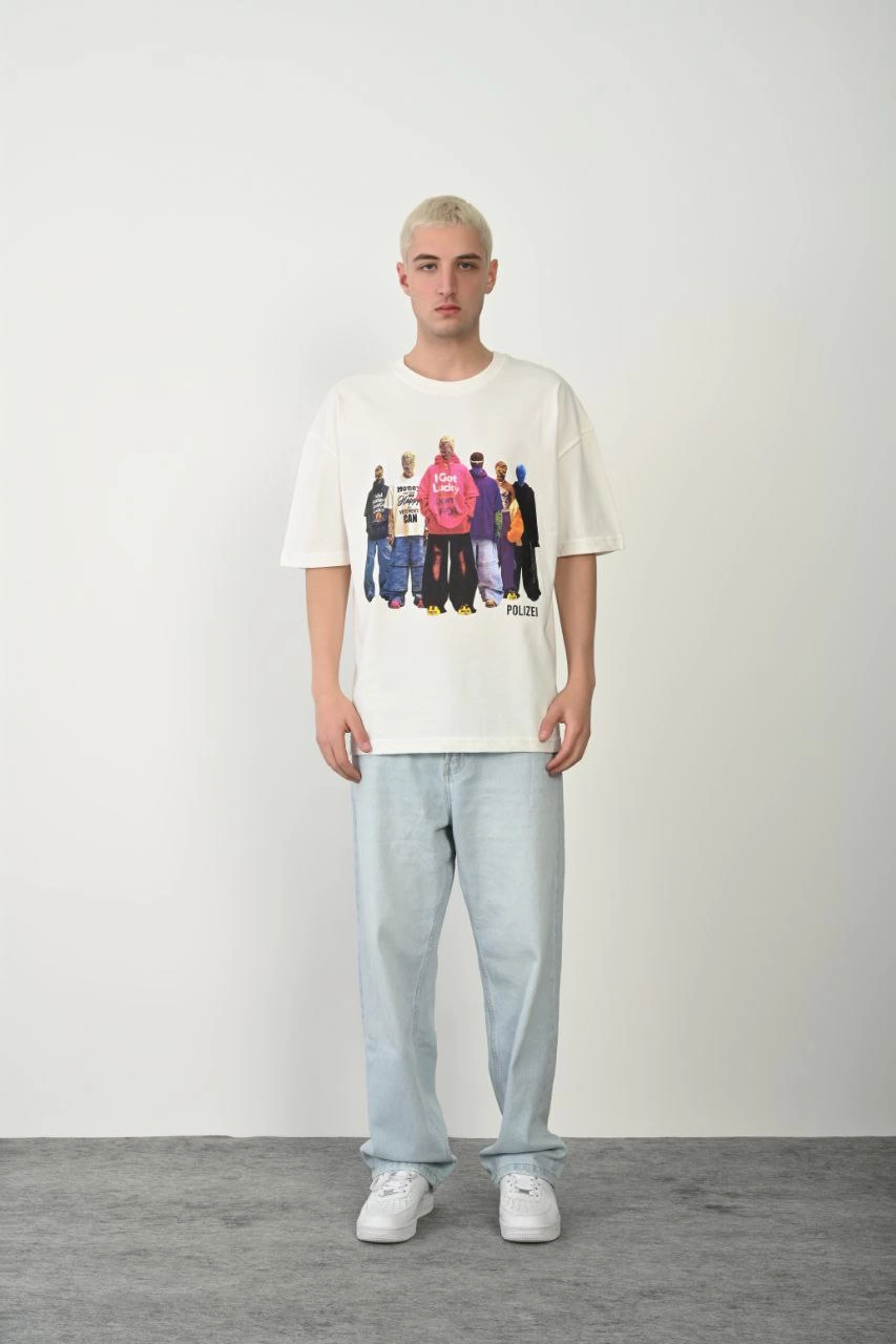 Erkek Baskılı T-Shirt Kısa Kol Bisiklet Yaka Rahat Kalıp Tişört  - Beyaz