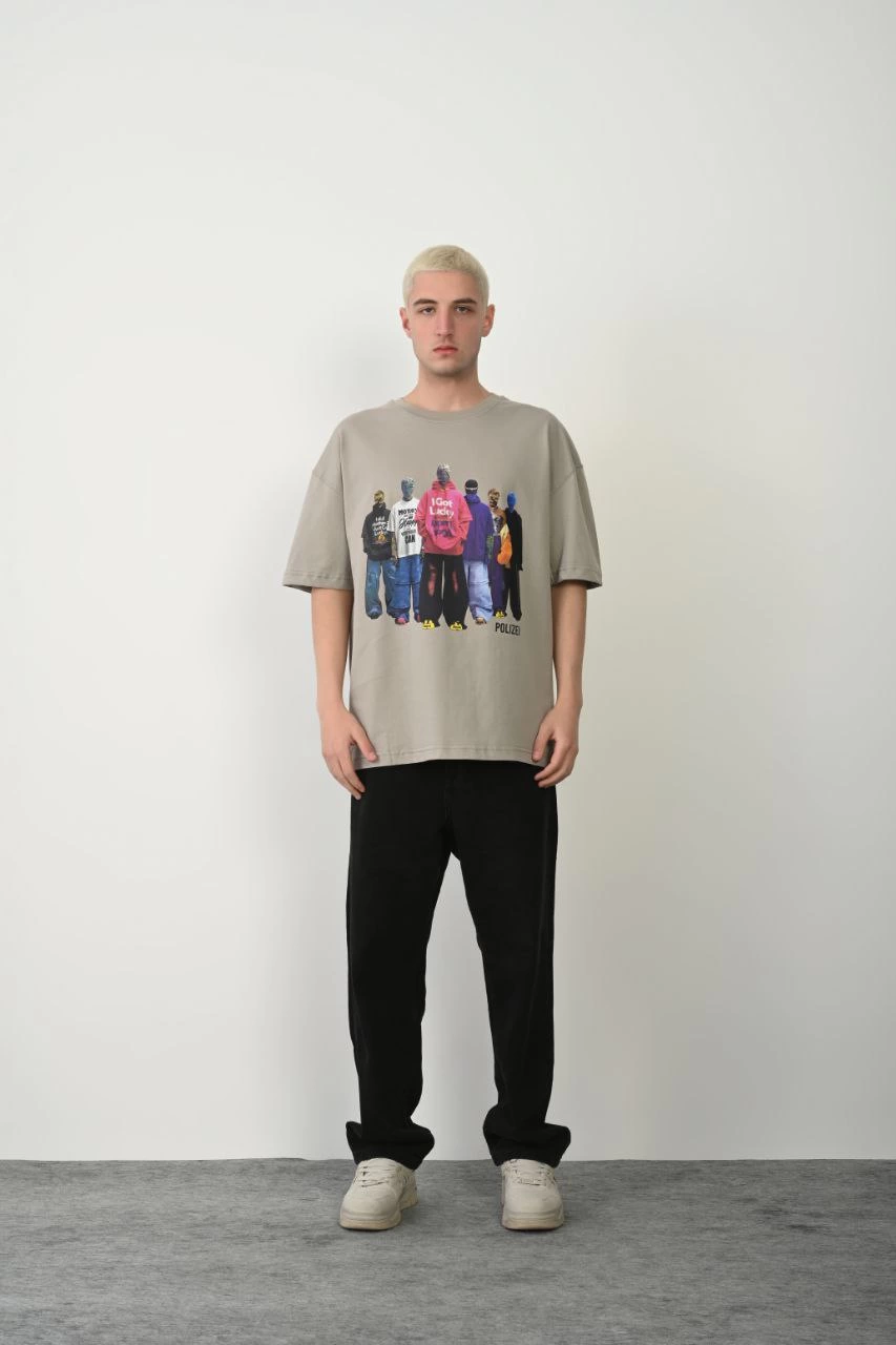 Erkek Baskılı T-Shirt Kısa Kol Bisiklet Yaka Rahat Kalıp Tişört  - Boyalı Gri