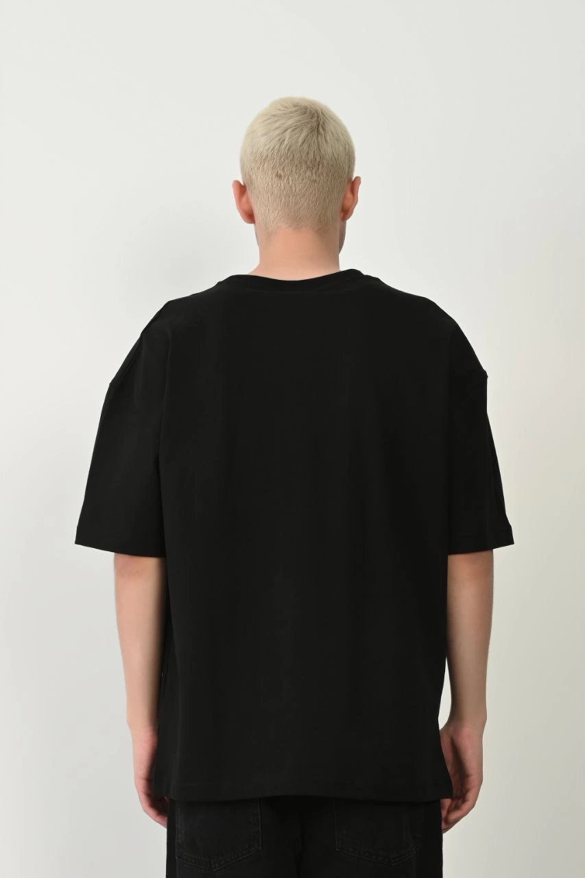 Erkek Baskılı T-Shirt Kısa Kol Bisiklet Yaka Rahat Kalıp Tişört  - Siyah