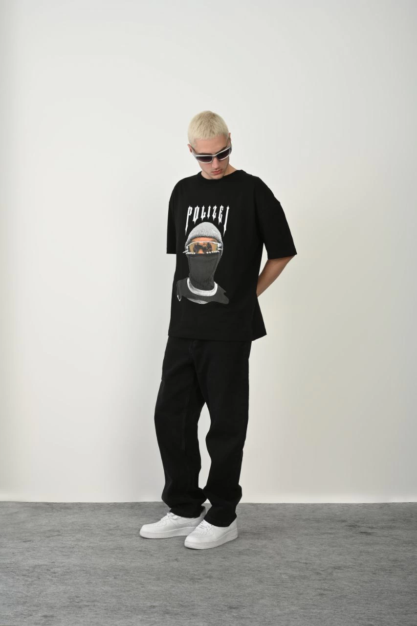 Erkek Baskılı T-Shirt Kısa Kol Bisiklet Yaka Rahat Kalıp Tişört  - Siyah