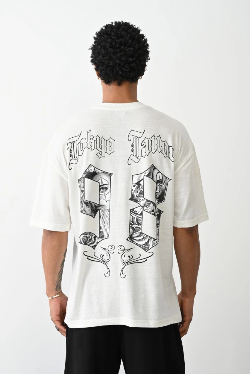 Erkek Baskılı Oversize Kısa kol T-Shirt - Beyaz