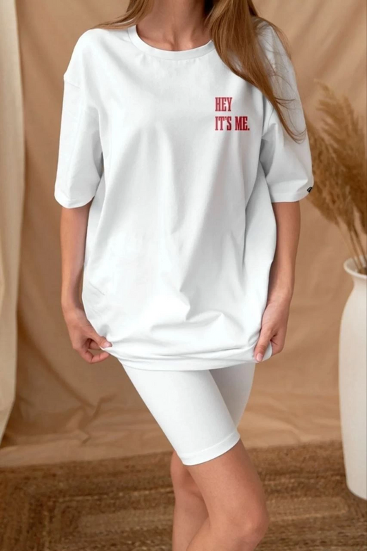 Kadın Baskılı T-Shirt Kısa Kol Bisiklet Yaka Ovarsize Rahat Kalıp Tişört -  Beyaz