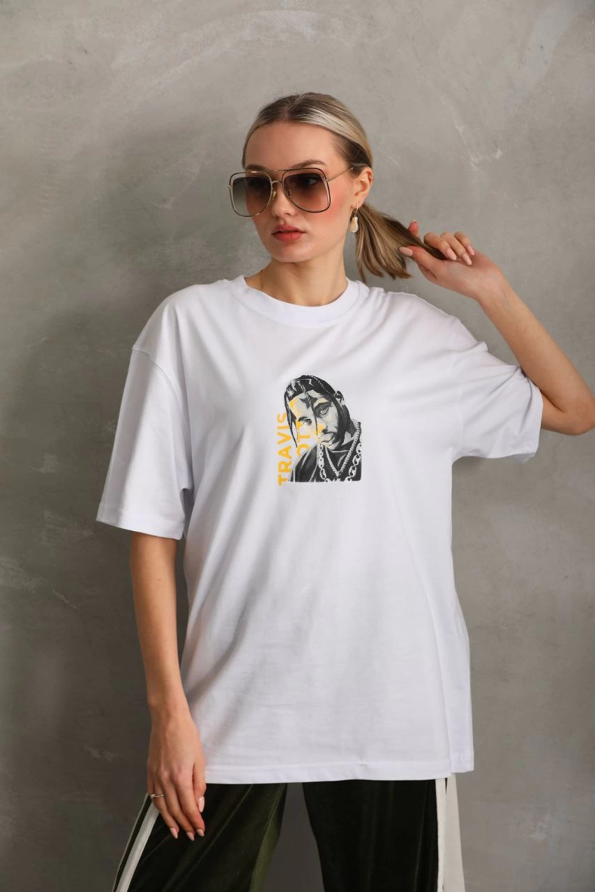 Kadın Baskılı T-Shirt Kısa Kol Bisiklet Yaka  Ovarsize Rahat Kalıp Günlük Tişört  - Beyaz
