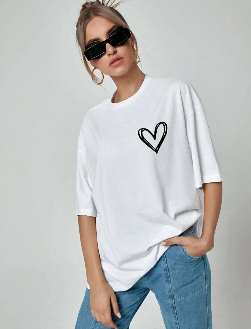Kadın Kalp Baskılı Oversize Kısa kol T-Shirt - Beyaz