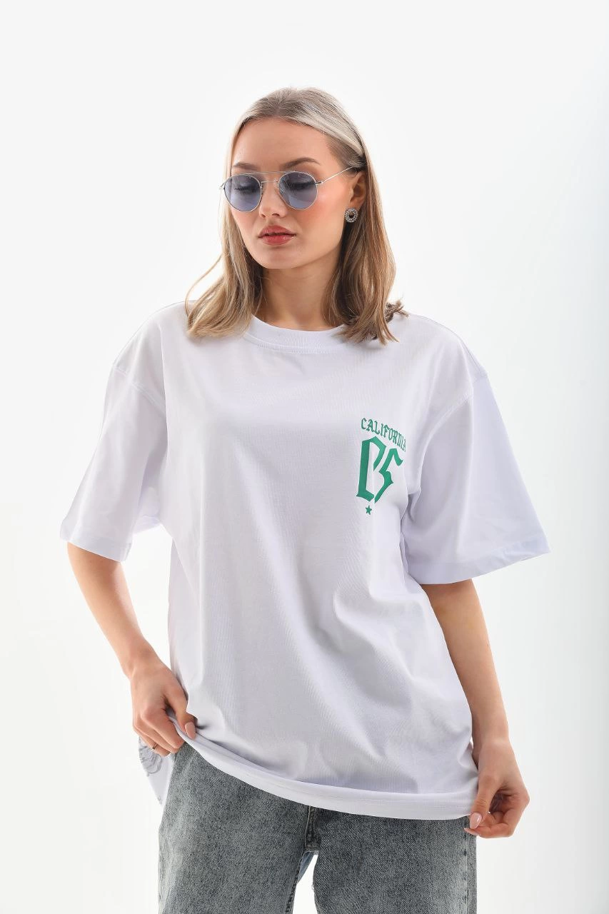 Kadın Kısa kol Oversize Baskılı T-Shirt - Beyaz