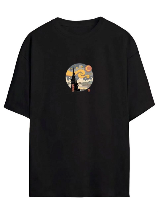 Kadın Baskılı T-Shirt Kısa Kol Bisiklet Yaka Ovarsize Rahat Kalıp Tişört -  Siyah