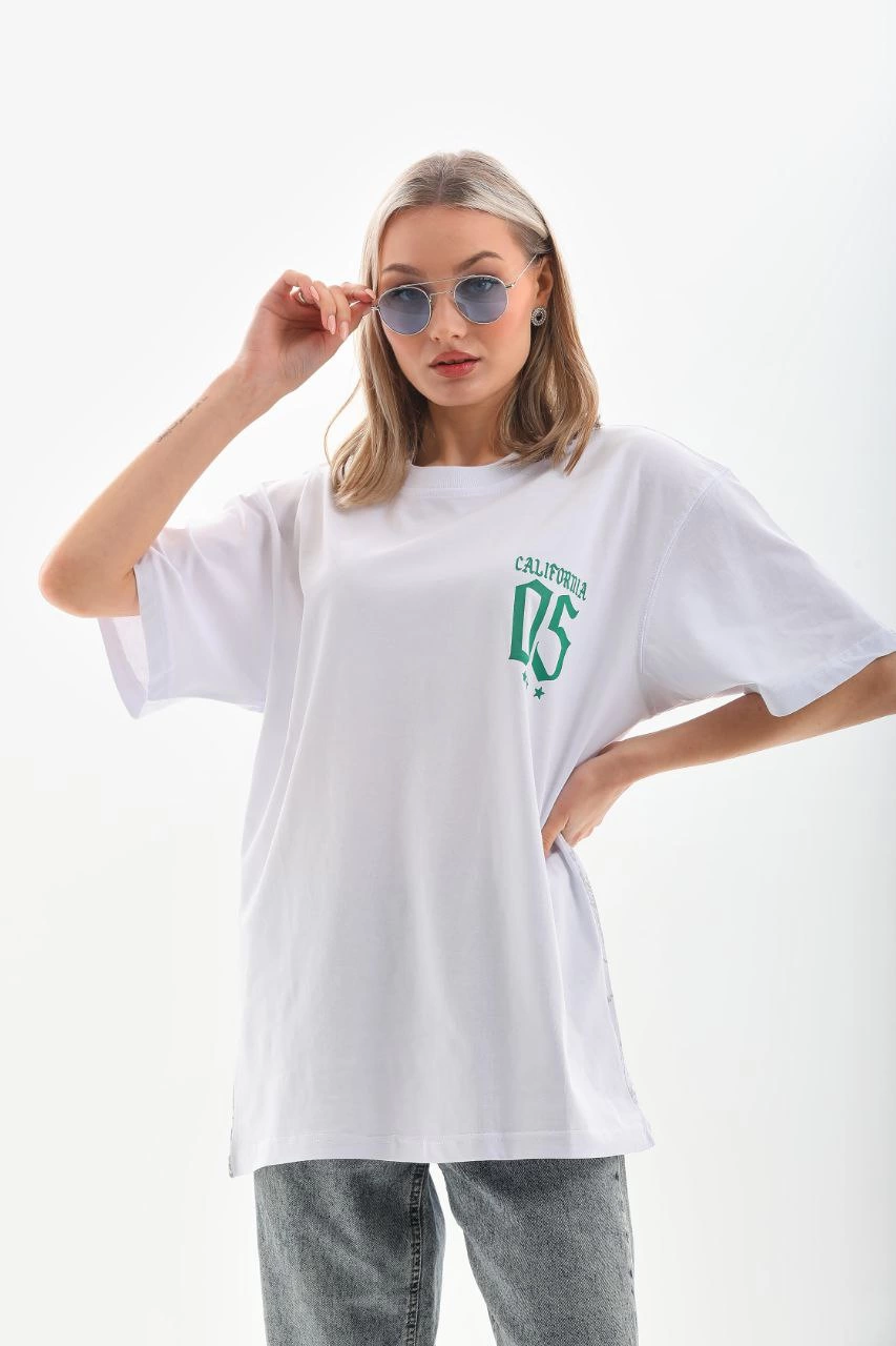 Kadın Baskılı kısa kol  Oversize T-Shirt - Beyaz