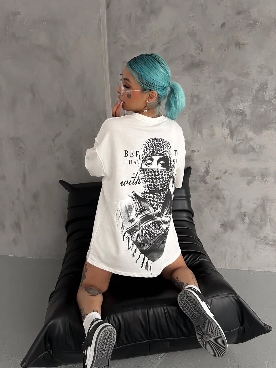 Kadın Baskılı Oversize  Kısa kol T-Shirt - Beyaz