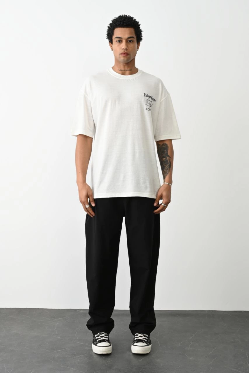 Erkek Baskılı Oversize Kısa kol T-Shirt - Beyaz