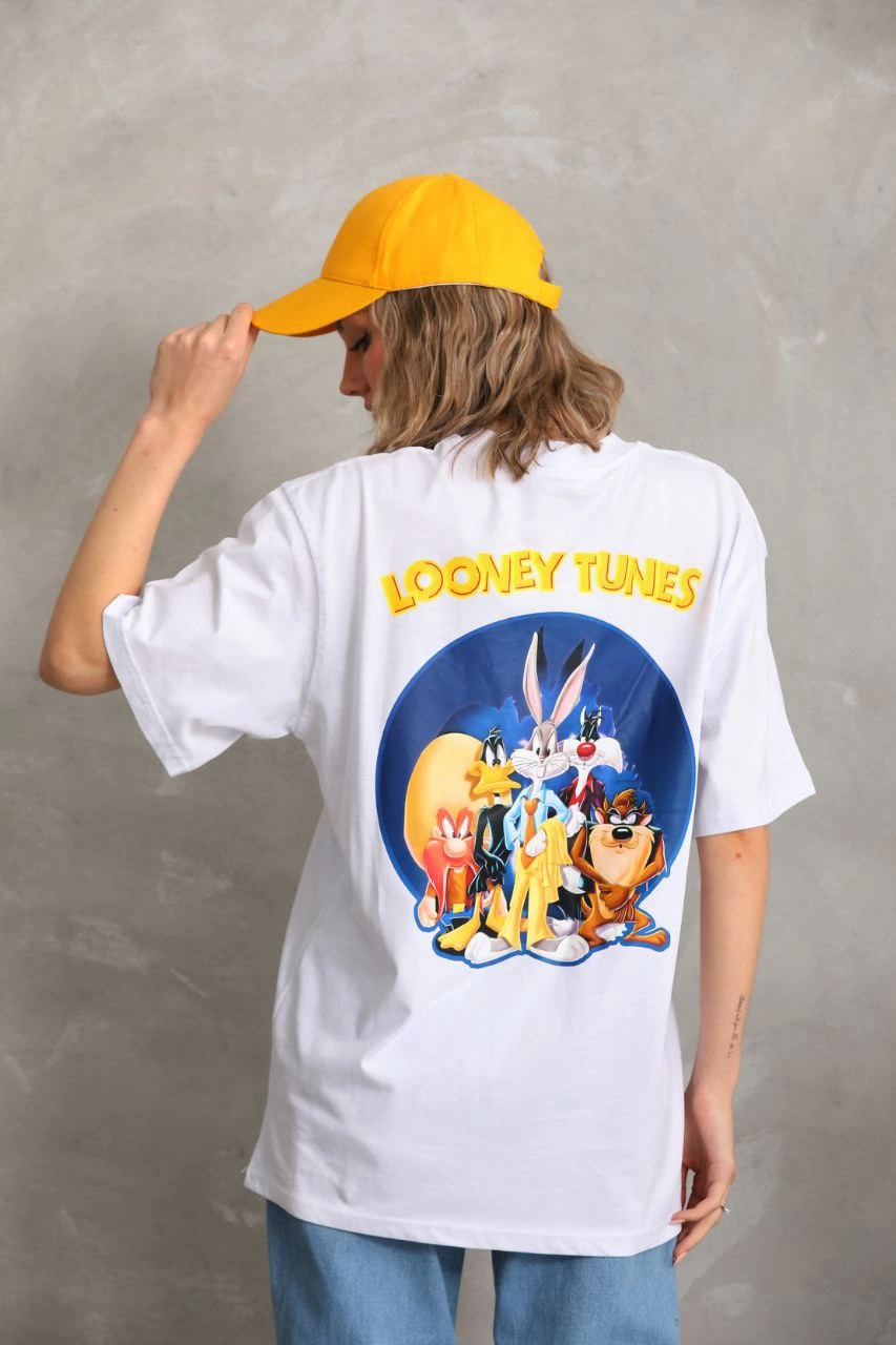 Kadın Baskılı Oversize Kısa kol  T-Shirt - Beyaz
