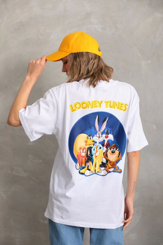 Kadın Baskılı Oversize Kısa kol  T-Shirt - Beyaz