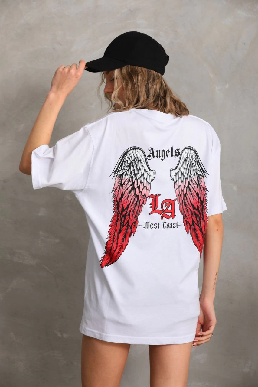 Kadın Baskılı Tişort Kısa Kol Bisiklet Yaka Ovarsize T-Shirt - Beyaz