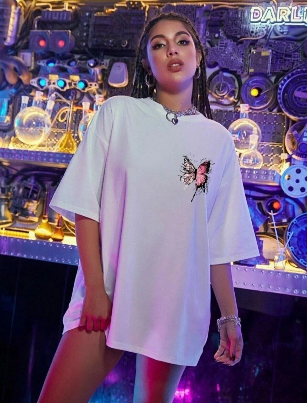 Kadın kelebek Baskılı Oversize kısa kol T-Shirt - Beyaz