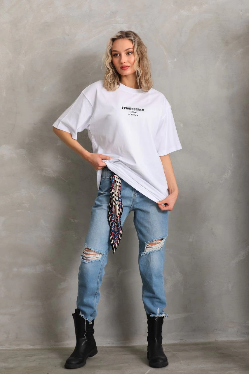 Kadın Baskılı Oversize  Kısa kol T-Shirt - Beyaz