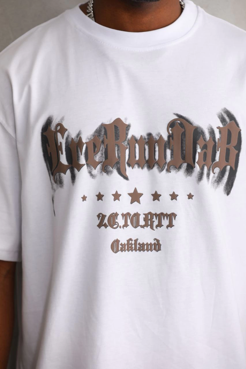 Erkek Baskılı T-Shirt Kısa Kol Bisiklet Yaka Rahat Kalıp Tişört  - Beyaz