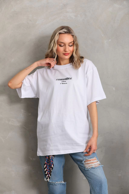 Kadın Baskılı Oversize  Kısa kol T-Shirt - Beyaz