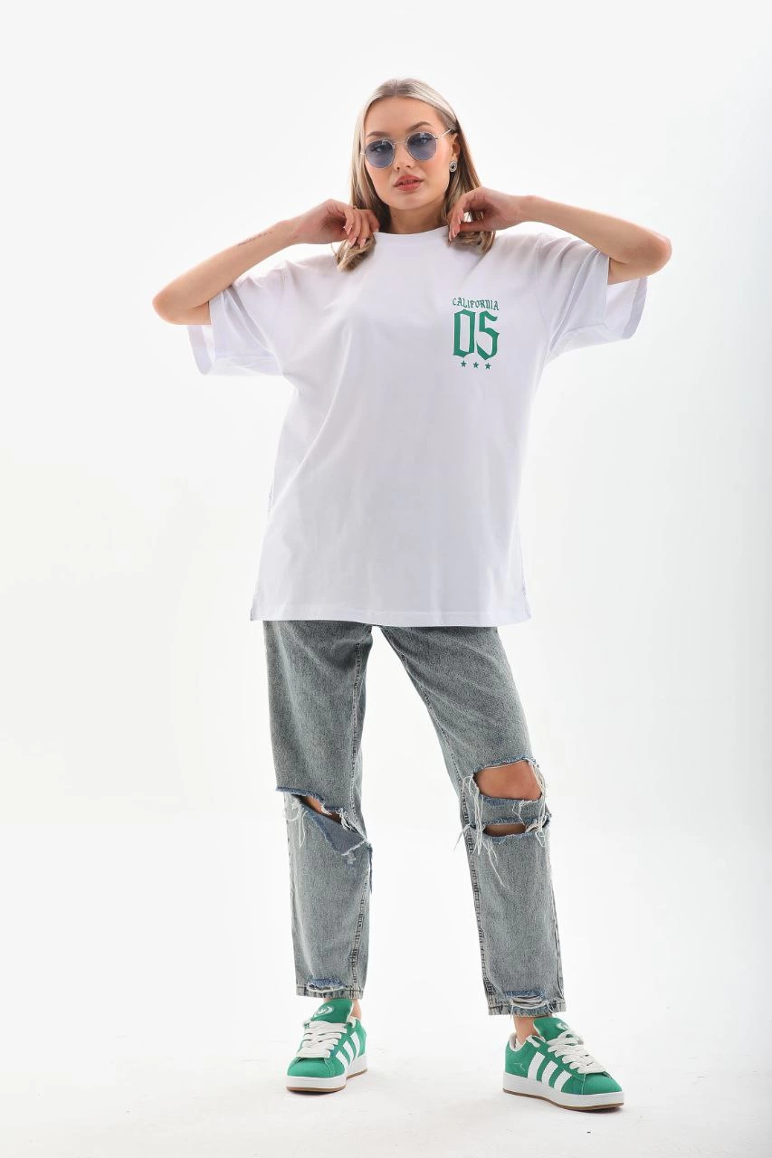 Kadın Kısa kol Oversize Baskılı T-Shirt - Beyaz