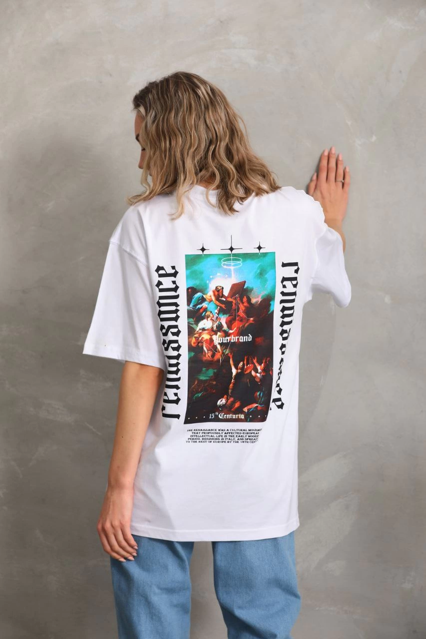 Kadın Baskılı Oversize  Kısa kol T-Shirt - Beyaz