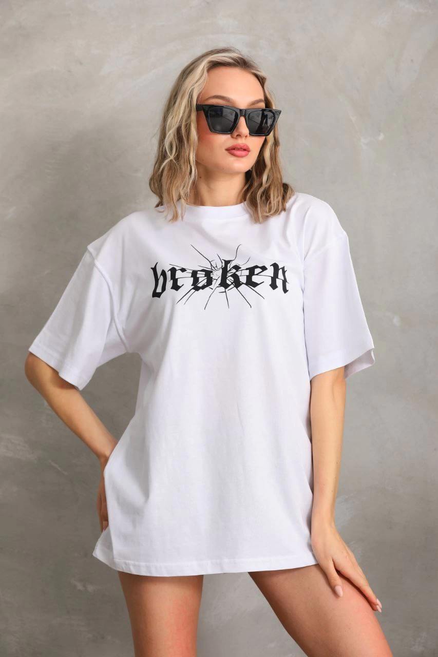 Kadın Baskılı Oversize Kısa kol  T-Shirt - Beyaz