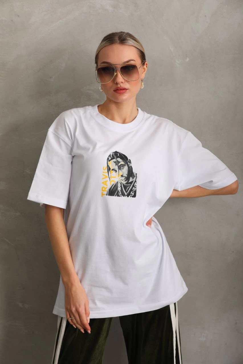 Kadın Baskılı T-Shirt Kısa Kol Bisiklet Yaka  Ovarsize Rahat Kalıp Günlük Tişört  - Beyaz