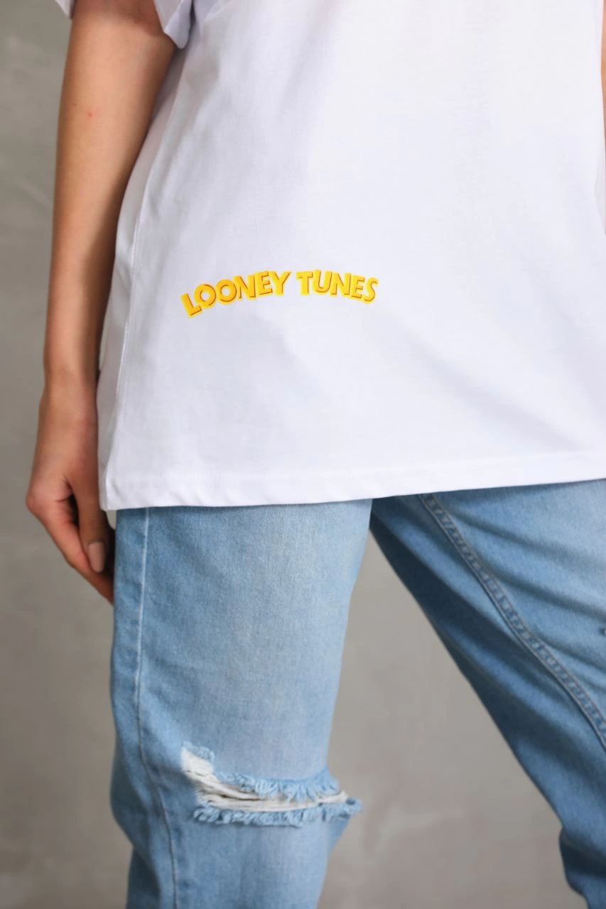 Kadın Baskılı Oversize Kısa kol  T-Shirt - Beyaz