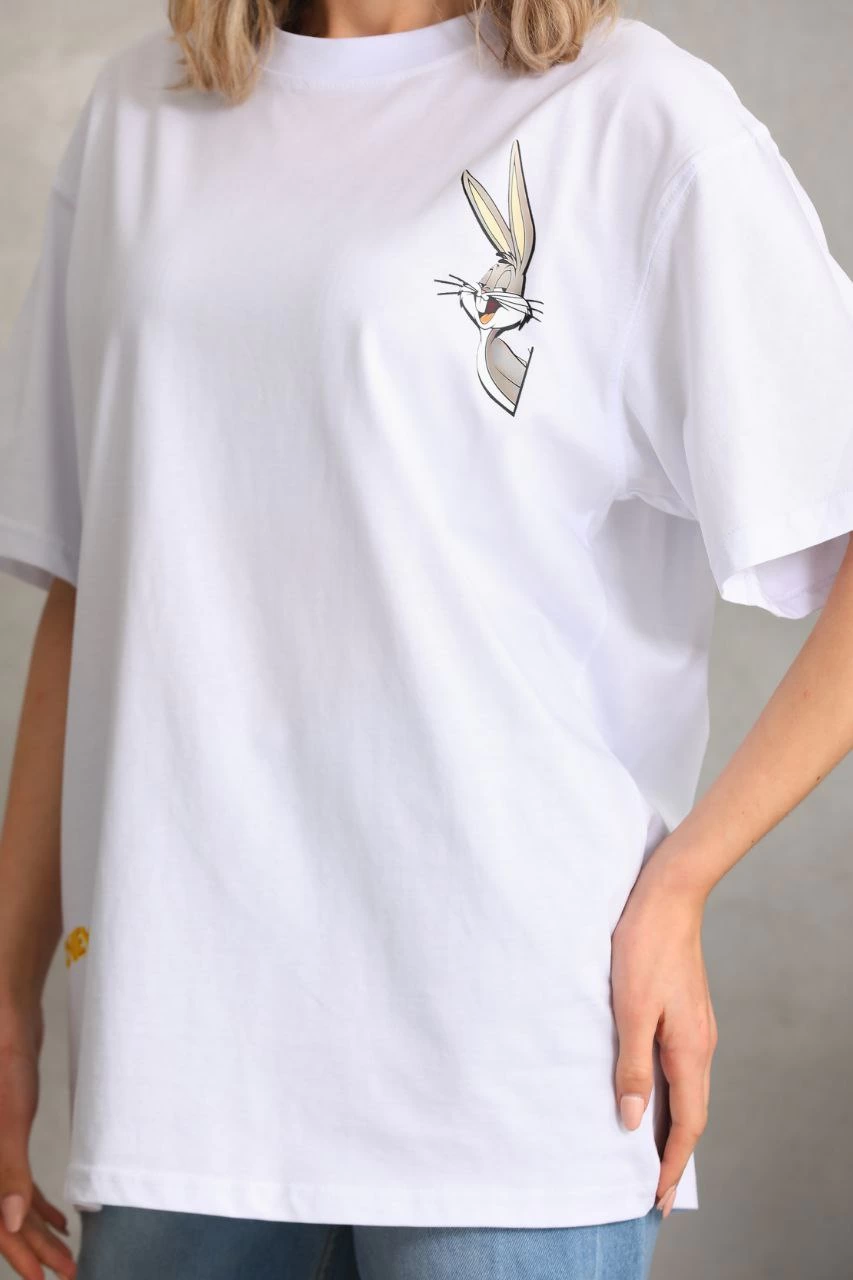 Kadın Baskılı Oversize Kısa kol  T-Shirt - Beyaz