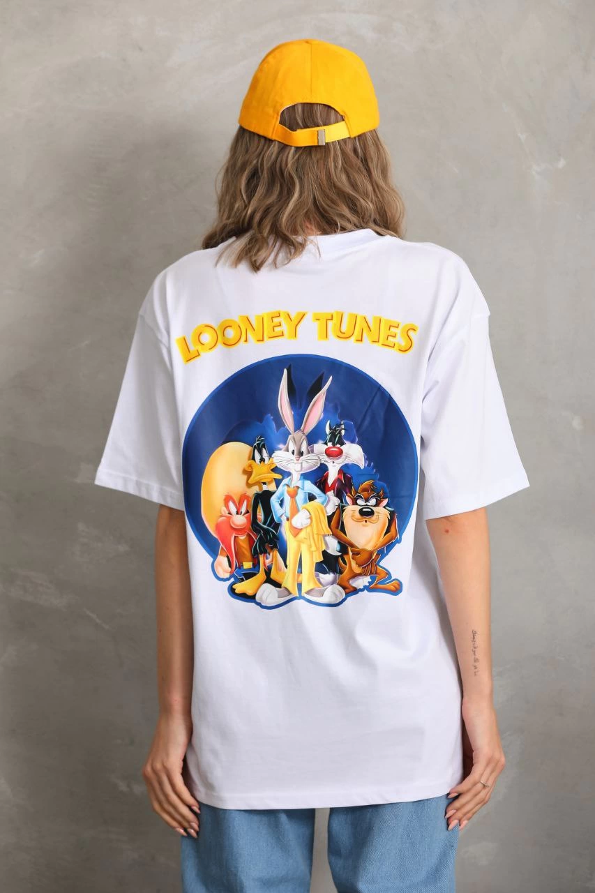 Kadın Baskılı Oversize Kısa kol  T-Shirt - Beyaz