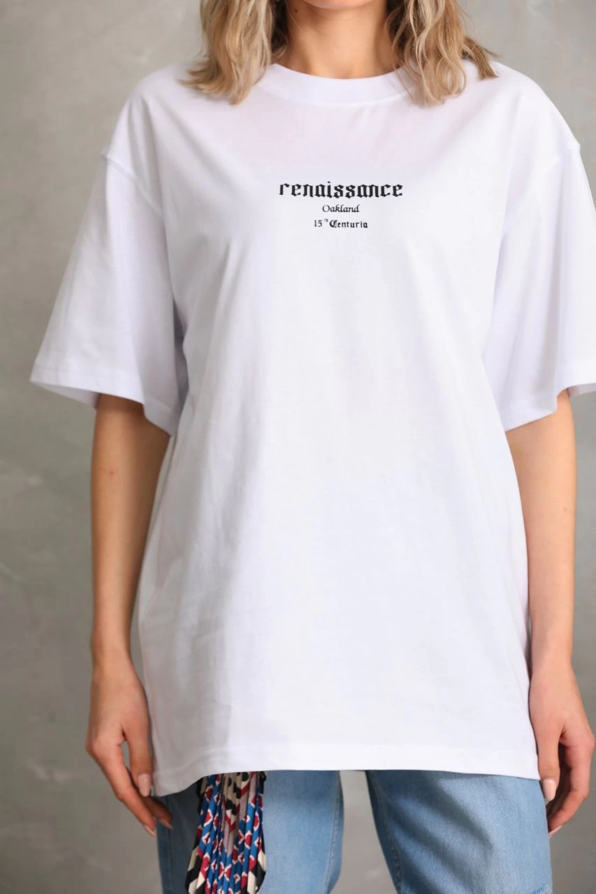 Kadın Baskılı Oversize  Kısa kol T-Shirt - Beyaz