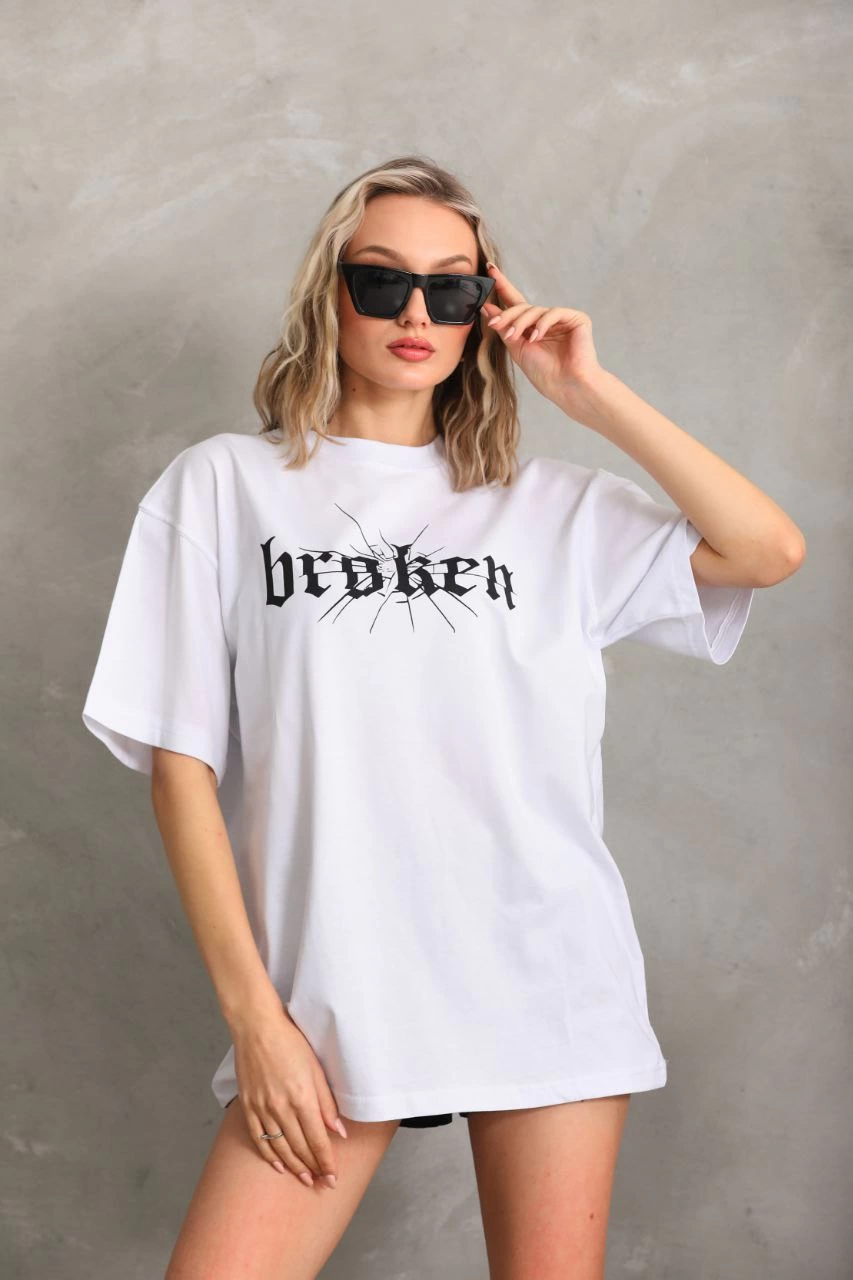 Kadın Baskılı Oversize Kısa kol  T-Shirt - Beyaz