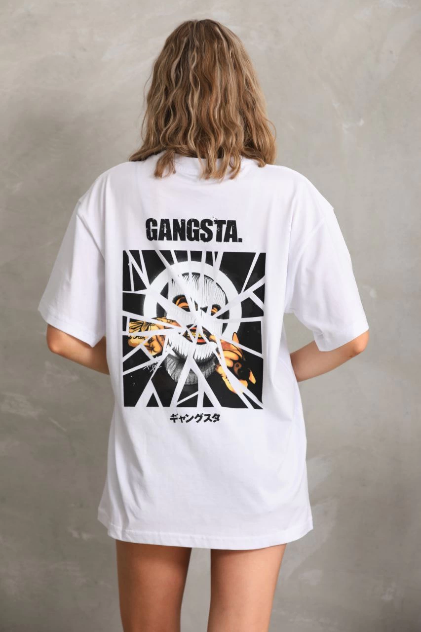 Kadın Baskılı Oversize Kısa kol  T-Shirt - Beyaz