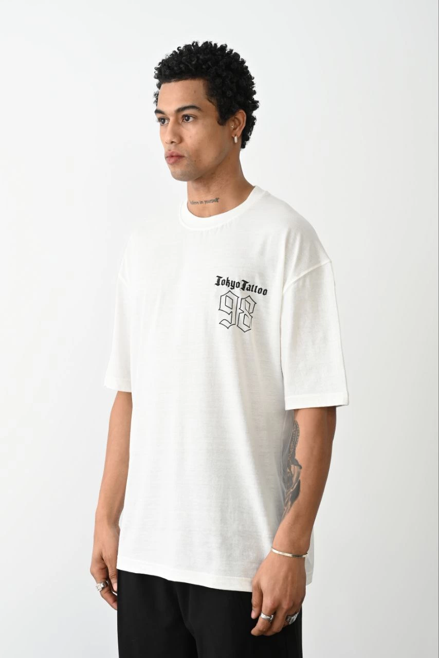 Erkek Baskılı Oversize Kısa kol T-Shirt - Beyaz