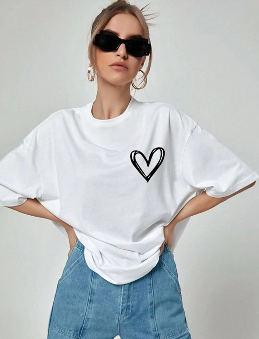Kadın Kalp Baskılı Oversize Kısa kol T-Shirt - Beyaz