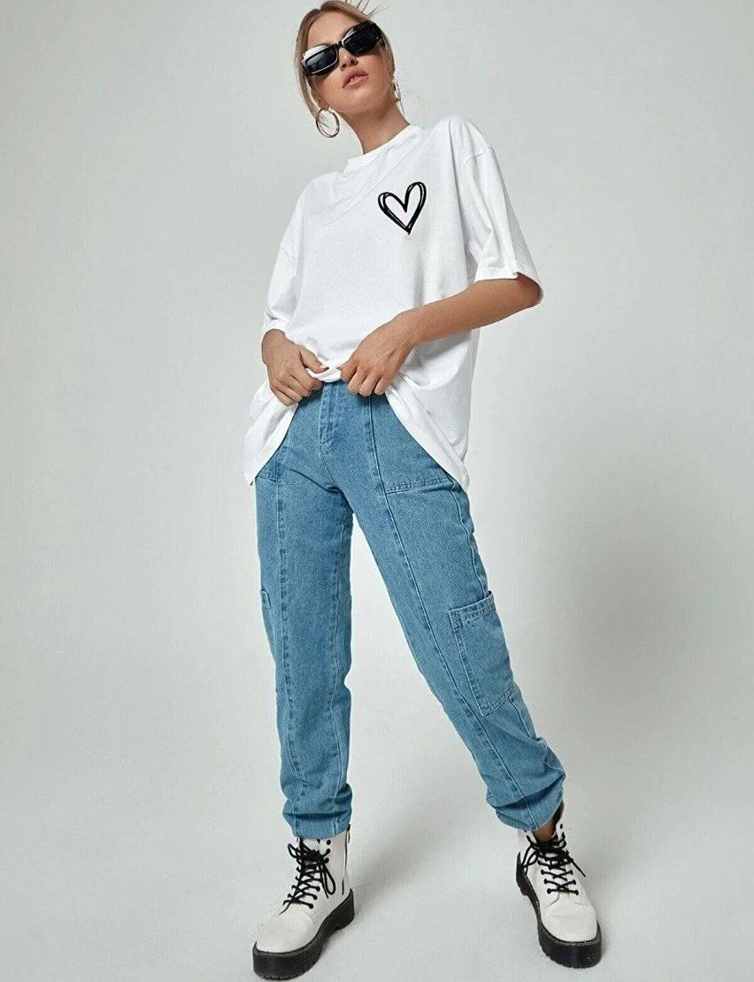 Kadın Kalp Baskılı Oversize Kısa kol T-Shirt - Beyaz