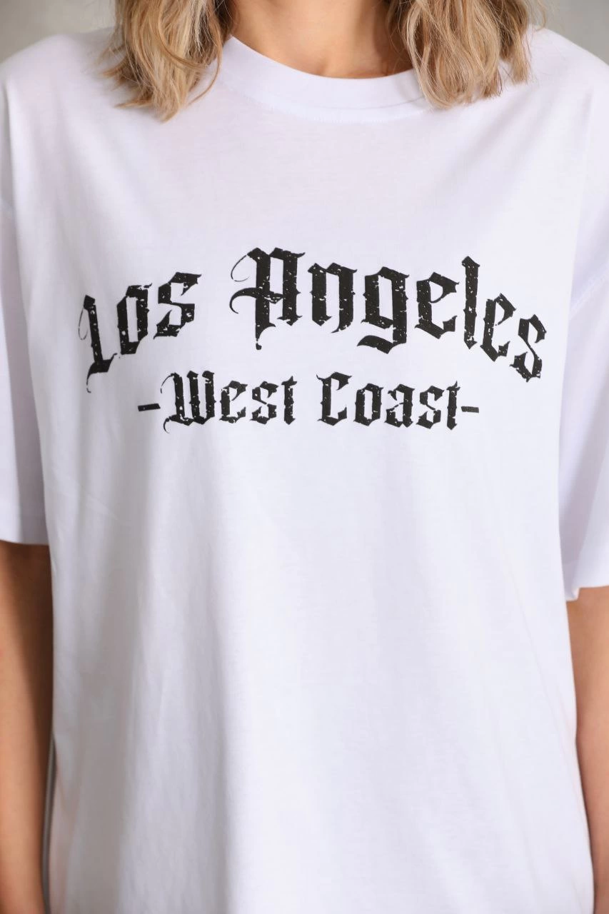 Kadın Baskılı Tişort Kısa Kol Bisiklet Yaka Ovarsize T-Shirt - Beyaz