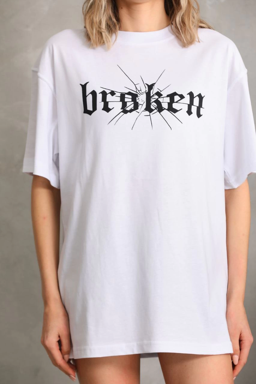 Kadın Baskılı Oversize Kısa kol  T-Shirt - Beyaz