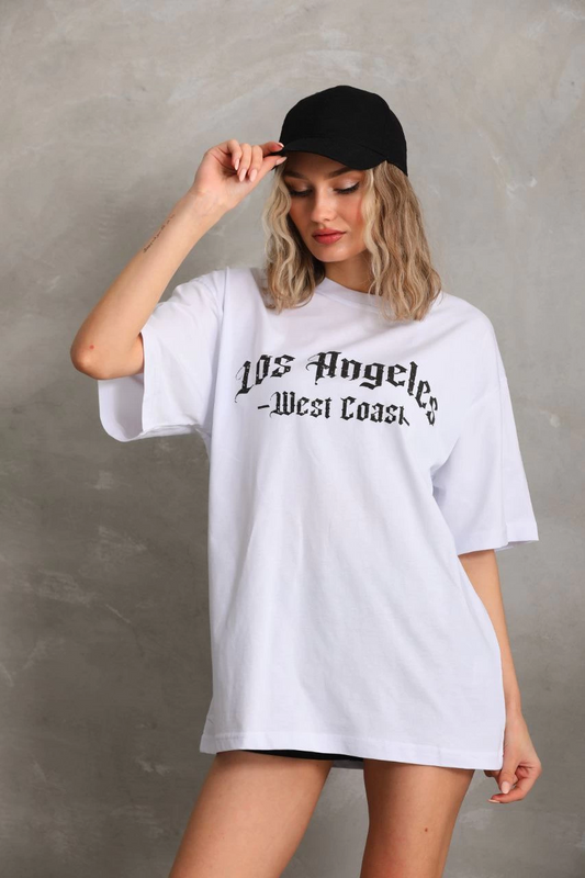 Kadın Baskılı Tişort Kısa Kol Bisiklet Yaka Ovarsize T-Shirt - Beyaz