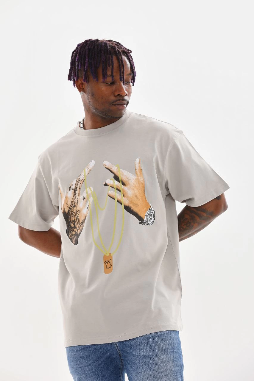 Erkek Baskılı T-Shirt Kısa Kol Bisiklet Yaka Rahat Kalıp Tişört  - Gri