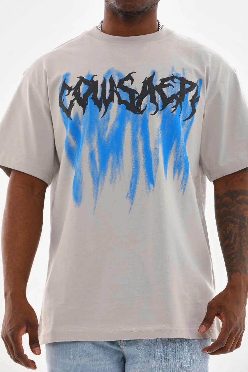 Erkek Baskılı T-Shirt Kısa Kol Bisiklet Yaka Rahat Kalıp Tişört  - Gri