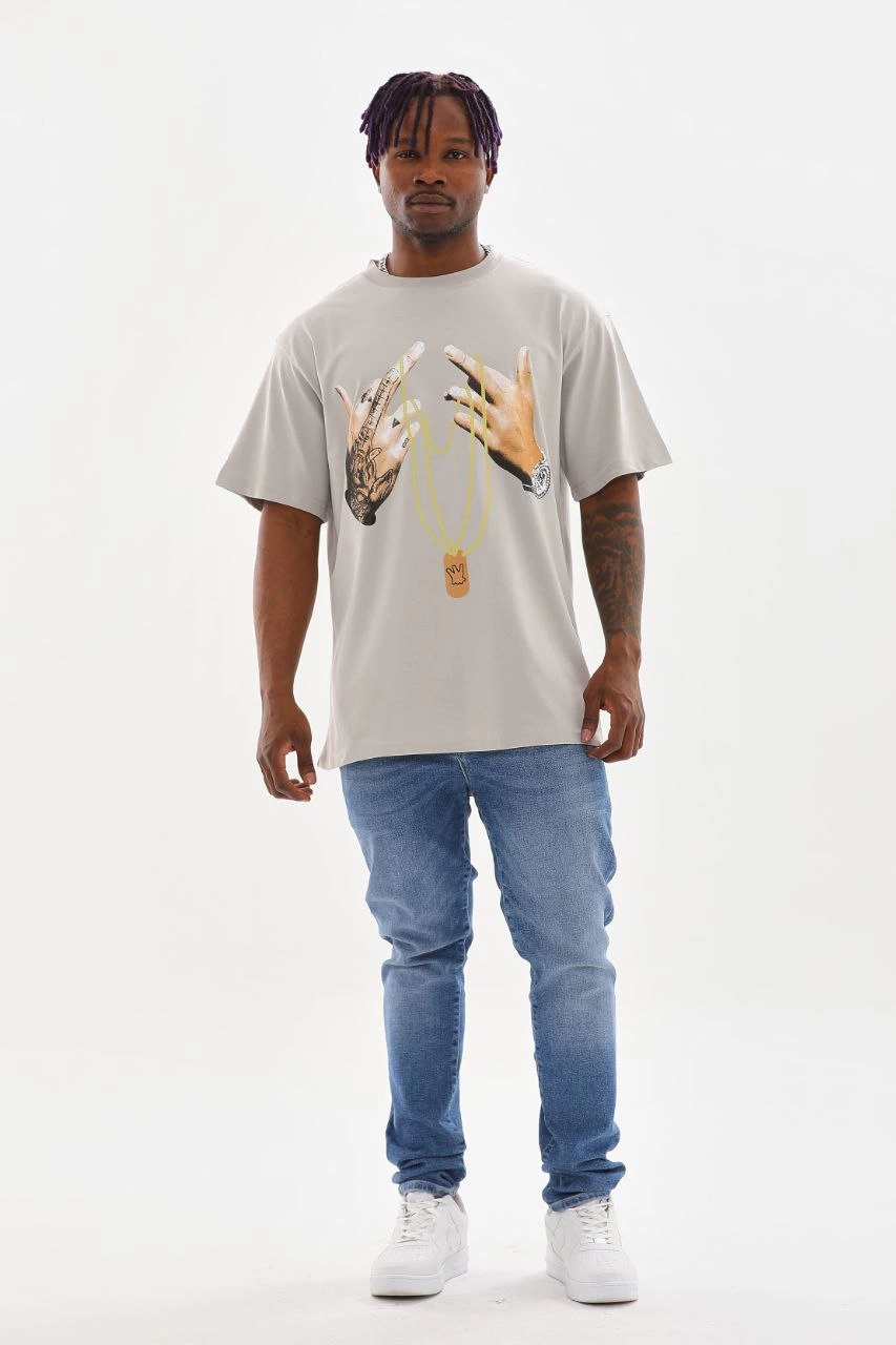 Erkek Baskılı T-Shirt Kısa Kol Bisiklet Yaka Rahat Kalıp Tişört  - Gri