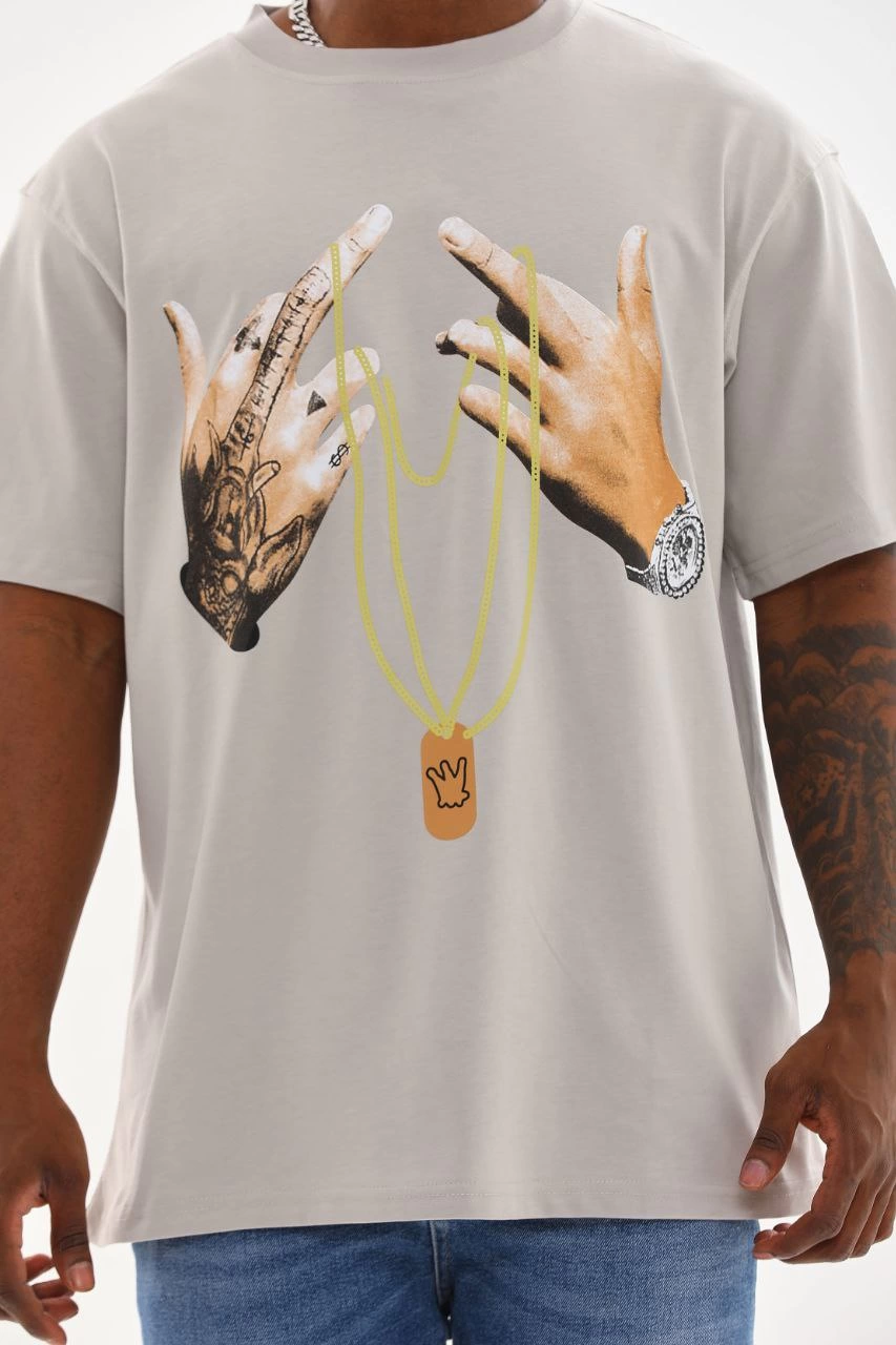 Erkek Baskılı T-Shirt Kısa Kol Bisiklet Yaka Rahat Kalıp Tişört  - Gri